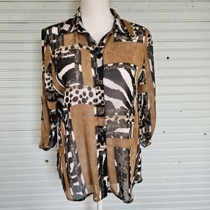 Chico's Brown Black White Animal Patchwork Button Down Blouse Size M (1)